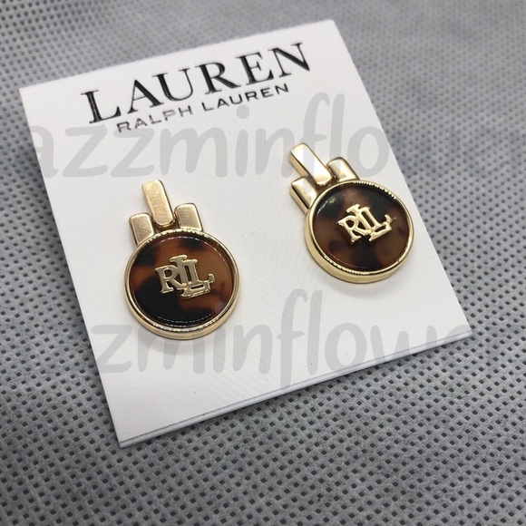 Lauren Ralph Lauren RLL gold plated circle tortoiseshell logo stud‎ earrings new - Picture 1 of 8